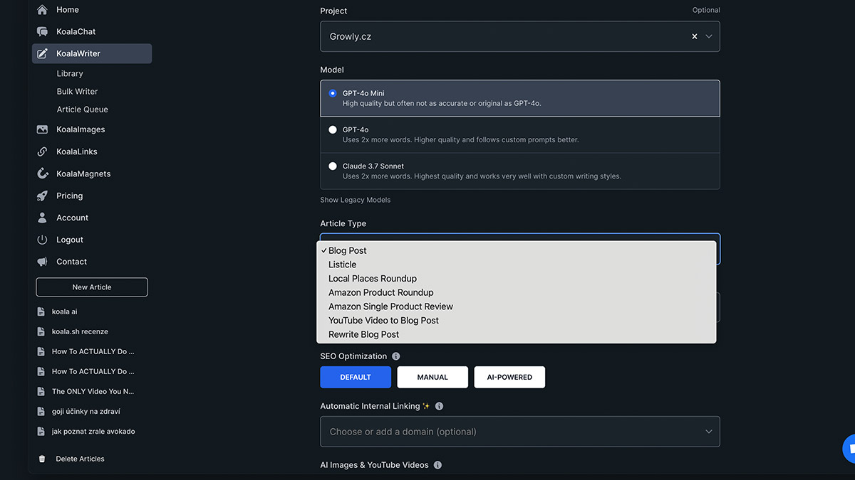 KoalaWriter: AI generátor článků, který myslí na SEO Pokud potřebuješ psát velké množství článků, KoalaWriter tě okamžitě nadchne. Umí generovat různě dlouhé, strukturované články optimalizované pro Google, a to během pár minut.